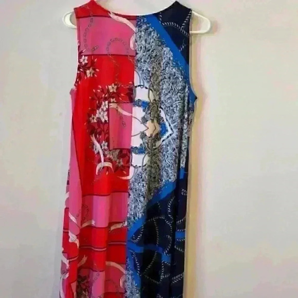 MSK Sleeveless Baroque Print 3-Ring Dress. Blue/Coral/Red Abstract Size Medium - Picture 3 of 12